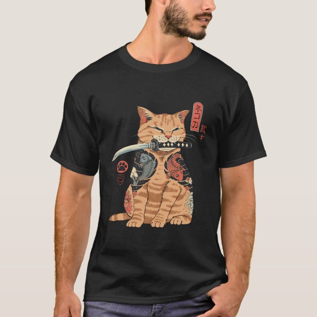 Camiseta Gráfico del gato japonés samurai Ninja Kawaii Tatt (Anverso)