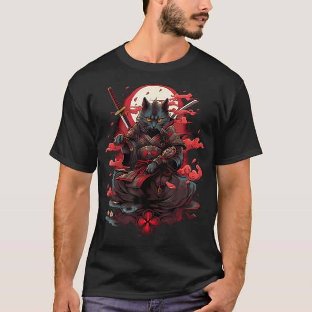 Camiseta Gráfico del tatuaje del gato japonés retro Samurai (Anverso)