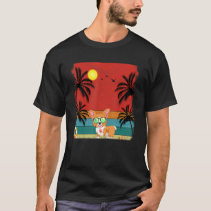 Camiseta Gráfico Retro de Perro Corgi y Árbol de Coco en la