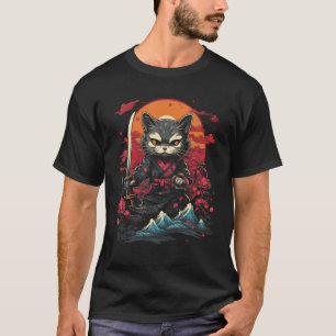 Camiseta Gráfico retro tatuaje de gato japonés samurai Ninj
