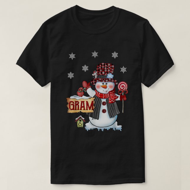 Camiseta Gram Snowman Christmas Candy Cane Red Plaid Santa  (Diseño del anverso)