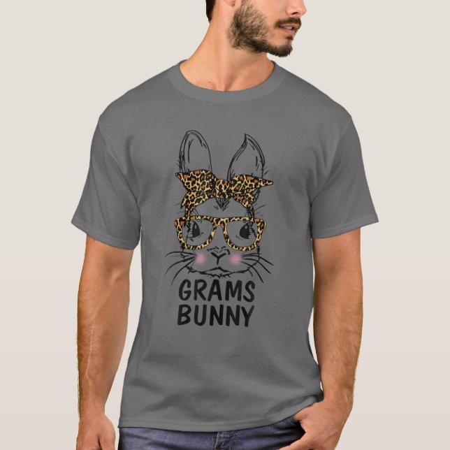 Camiseta Grams Bunny Face Leopard Print Glasses Easter Day (Anverso)
