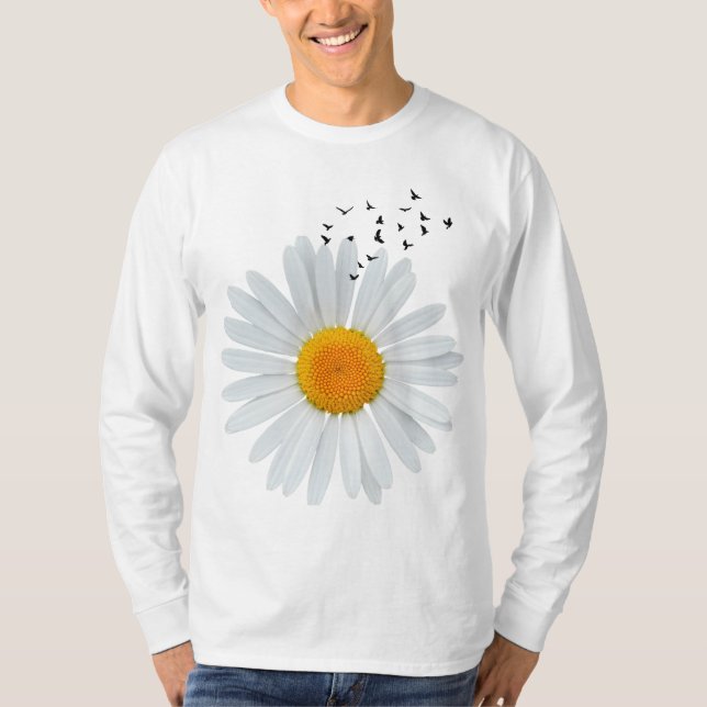 Camiseta Gran Flor de margarita con bandada de aves volador (Anverso)
