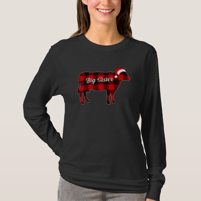 Camiseta Gran Hermana Pajama Red Plaid Cow Navidad (Anverso)