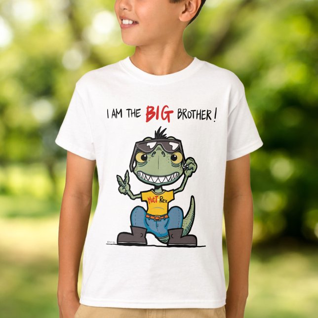 Camiseta Gran hermano Feliz Dinosaurio Verde Personalizado  (BIG brother Happy Green Dinosaur Cartoon White T-Shirt)