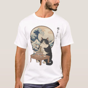 Camiseta Gran Ola Gato Japonés Comiendo Ramen Arte Divertid
