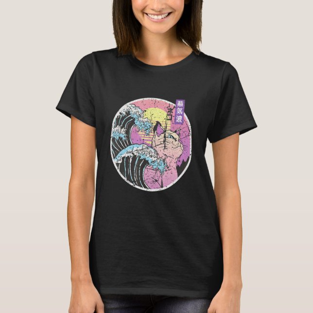 Camiseta Gran ola japonesa de vaporwave Cat 90 estética 80 (Anverso)