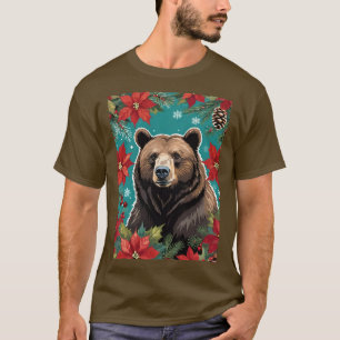 Camiseta Gran Oso Marrón de Navidad con Poinsettias