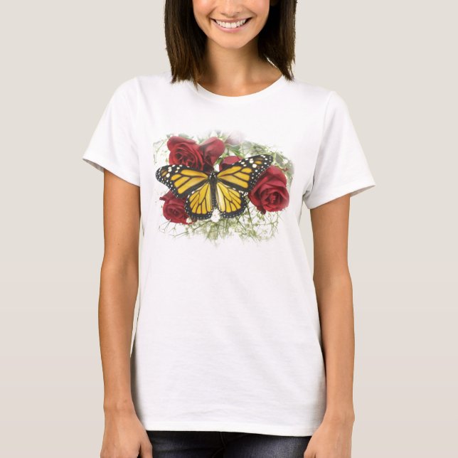 Camiseta grande del rosa rojo de la mariposa de (Anverso)