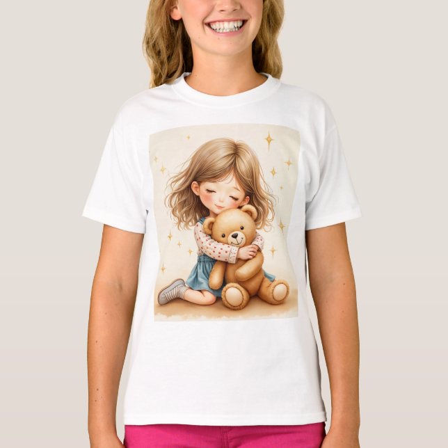 Camiseta Grandes abrazos - Chica lindo abrazando oso de pel (Anverso)