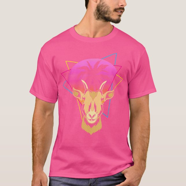 Camiseta Granja Animal Synthwave Palm Trees 90S Cabra de Ar (Anverso)