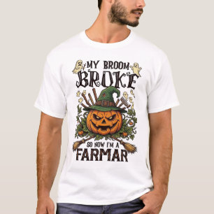 Camiseta Granja Broom Broke Halloween Calabaza Bruja Sombre