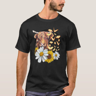 Camiseta Granja de animales hippie Girasol Vaca escocesa de