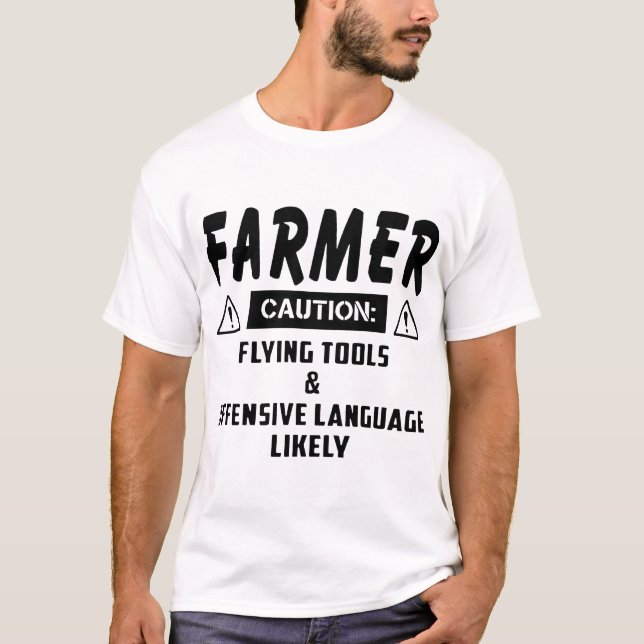Camiseta granjero advertencia herramientas voladoras lengua (Anverso)