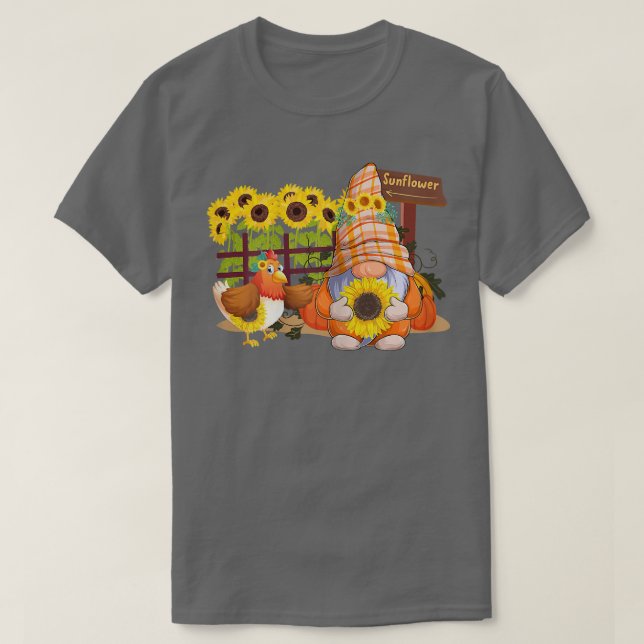 Camiseta Granjero De Gnome Y Girasol De Pollo (Diseño del anverso)
