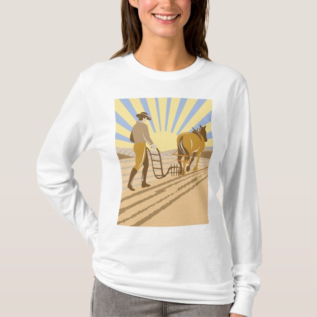 Camiseta Granjero y caballo arando campo amanecer retro (Anverso)
