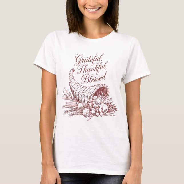 Camiseta Grateful Thankful Blessed Cornucopia Line Art (Anverso)