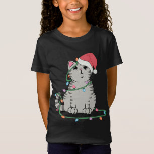 Camiseta Gray Tabby Cat Navidades luces el divertido amante