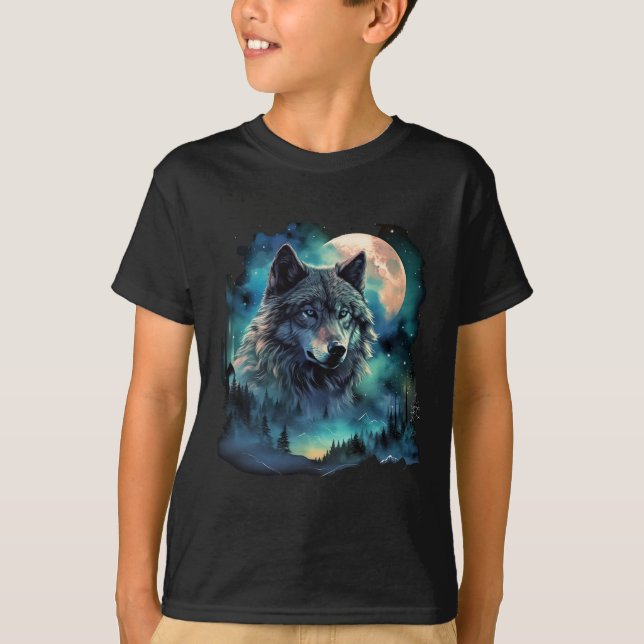 Camiseta Gray Wolf Hunting Grounts Icy Moon Forest Galaxy (Anverso)