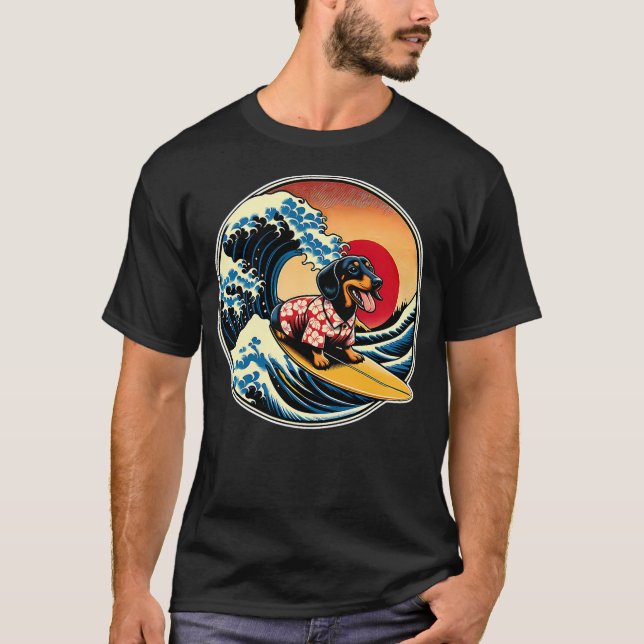 Camiseta Great Wave Kanagawa Weiner Dachshund Dog Surfing (Anverso)