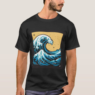 Camiseta Great Wave Under a Yellow Sky. Vector graphic.