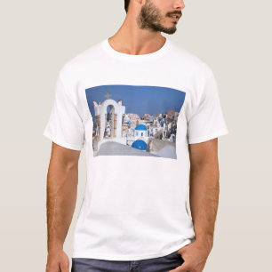 Camiseta Grecia, Santorini. Campanario y cúpulas azules de 