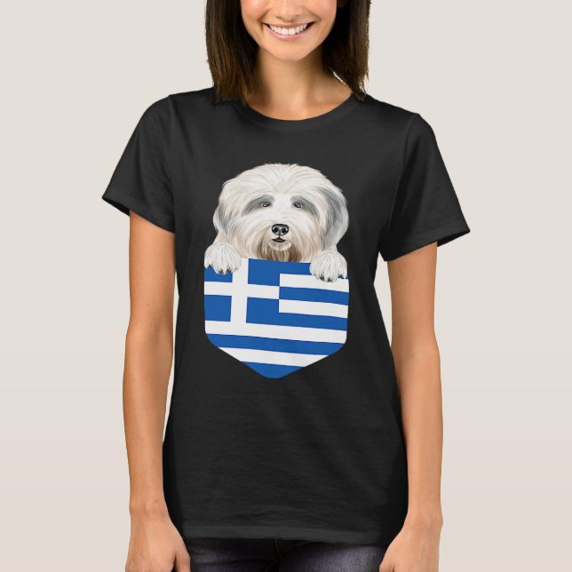 Camiseta Greece Flag Old English Sheepdog Dog In Pocket (Anverso)