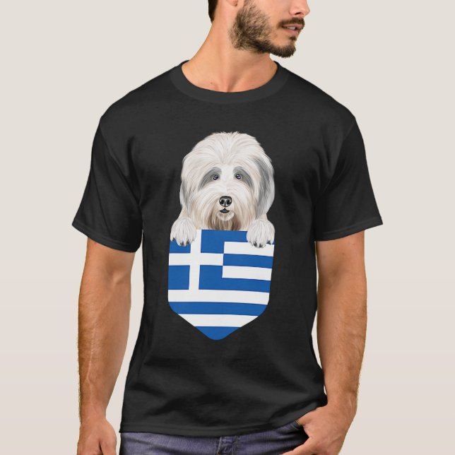 Camiseta Greece Flag Old English Sheepdog Dog In Pocket (Anverso)