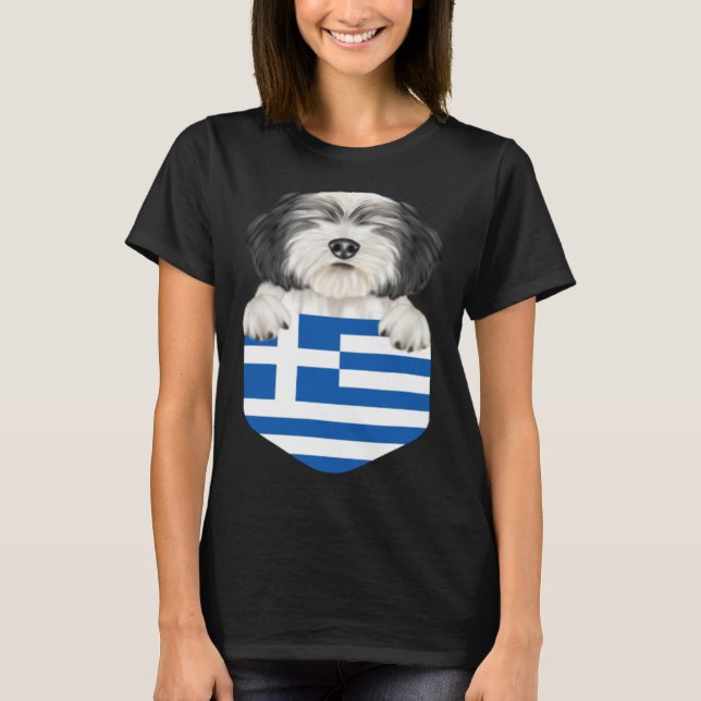Camiseta Greece Flag Polish Lowland Sheepdog Dog In Pocket (Anverso)