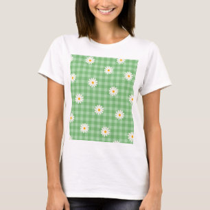 Camiseta Green Daisy Plaid Gingham Check Flower Pattern