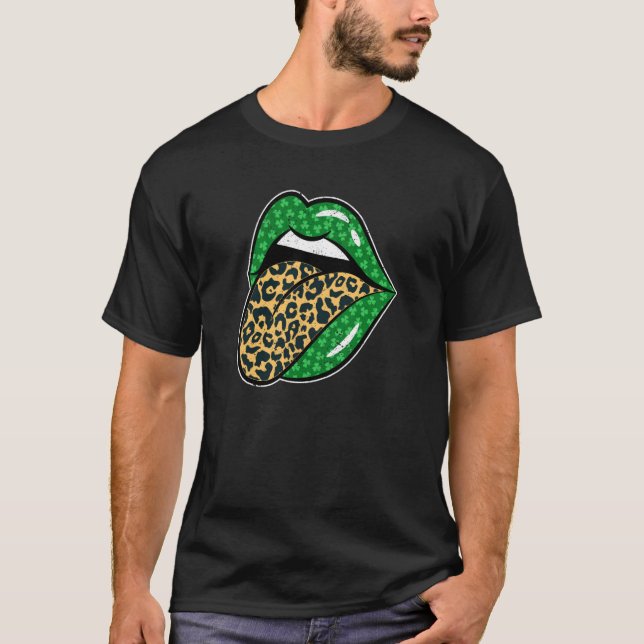 Camiseta Green Lips Leopard Print Tongue Out St Patricks Da (Anverso)