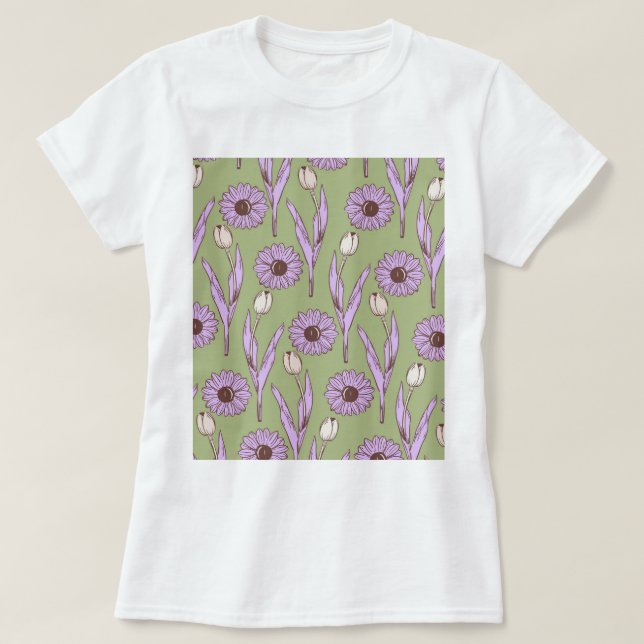 Camiseta Green Purple Retro Y2K Funky Hippie Flower Pattern (Diseño del anverso)