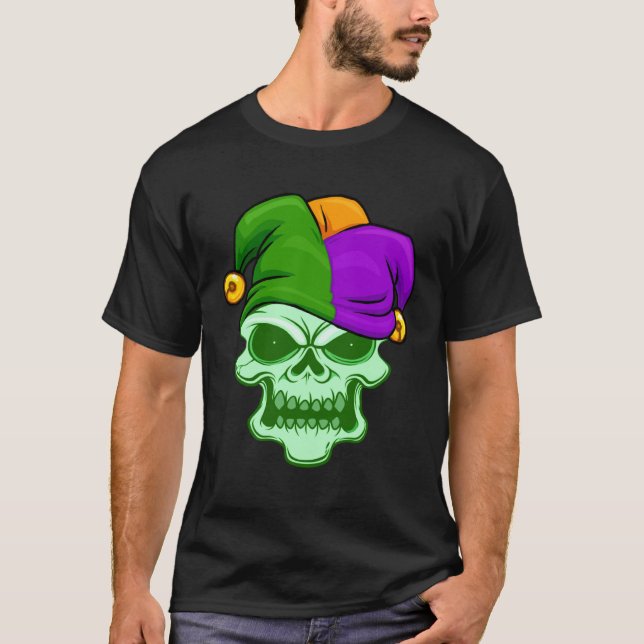 Camiseta Green Skull Face Mardi Gras Jester Hat Louisiana C (Anverso)
