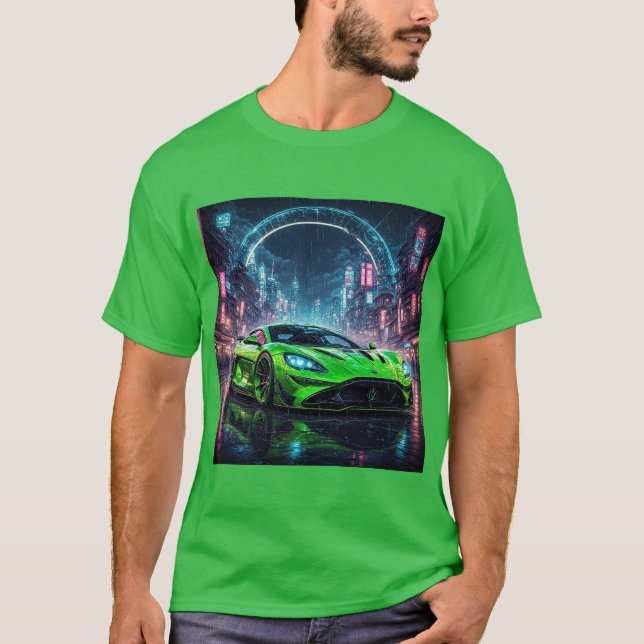 Camiseta Green Sports Car on Rainy Neon Street (Anverso)
