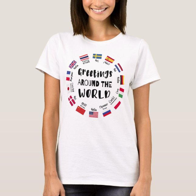 Camiseta Greetings around the world, Hello in all languages (Anverso)