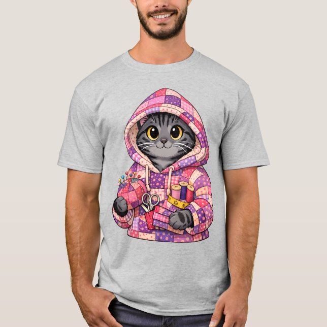Camiseta Grey tiger cat in upcycled quilt hoodie T-Shirt (Anverso)