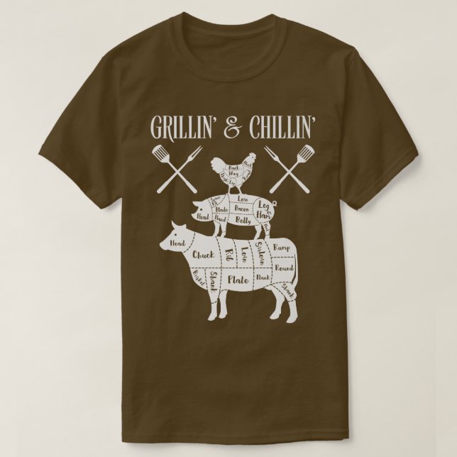 Camiseta Grilliin and chillin BBQ chicken, pig, and cow tee (Diseño del anverso)