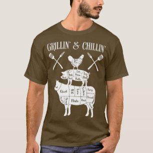 Camiseta Grilliin and chillin BBQ chicken, pig, and cow tee