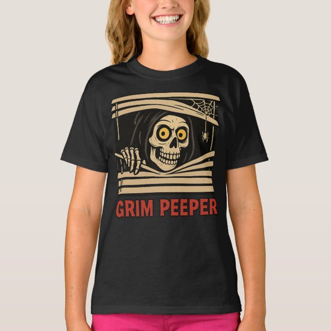 Camiseta Grim Peeper Funny Skeleton Halloween Pun Tee (Anverso)