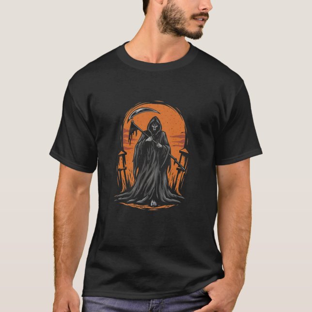 Camiseta Grim Reaper Cartoon in Sunset Graveyard (Anverso)