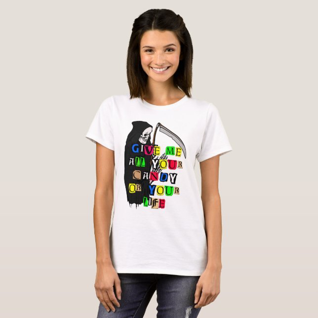 Camiseta Grim Reaper Dame Candy Ransom Note Mujeres (Anverso completo)