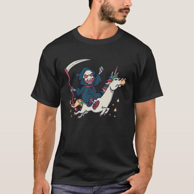 Camiseta Grim Reaper Riding On A Unicorn Halloween (Anverso)