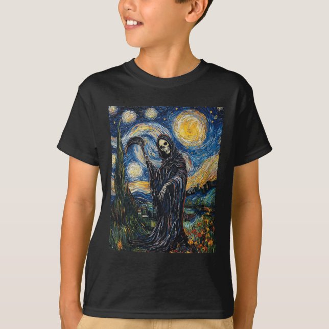 Camiseta Grim Reaper Skeleton - Van Gogh Style - Starry Nig (Anverso)