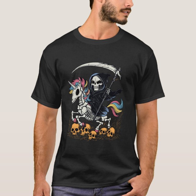 Camiseta Grim Reaper viajando a Unicorn Skeleton Skull Deat (Anverso)