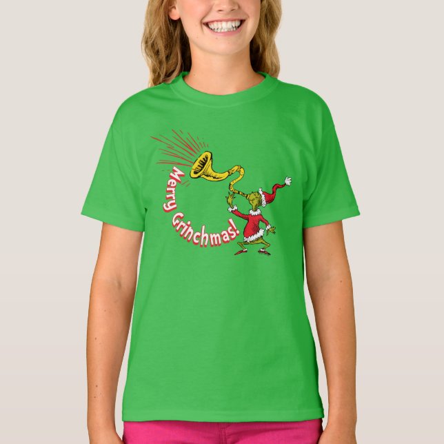 Camiseta Grinch Blowing the Merry Grinchmas Horn (Anverso)