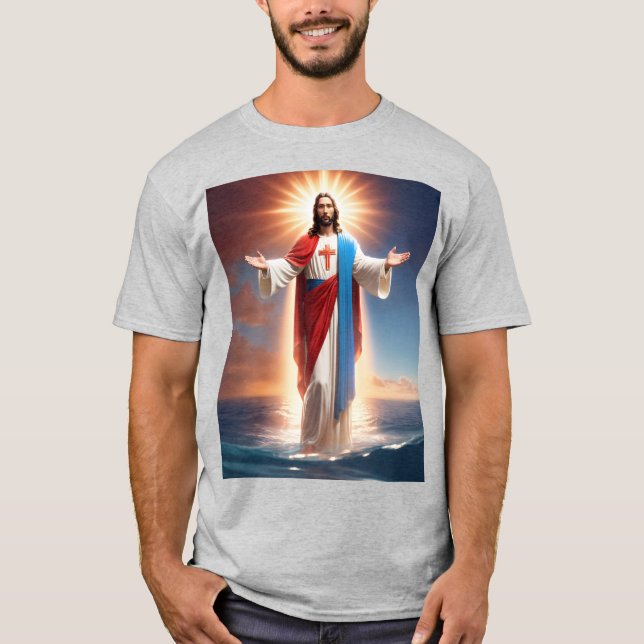 Camiseta gris con Jesucristo bendiciendo (Anverso)