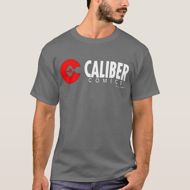 Camiseta gris con logotipo de Caliber Comics (Anverso)