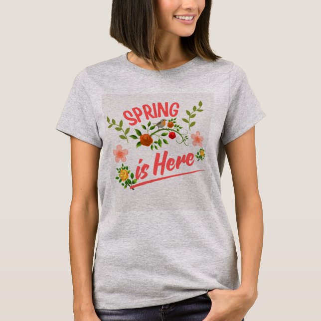 Camiseta gris de mujer con tipografía de primavera (Anverso)