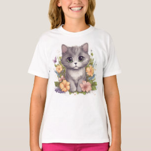 Camiseta Gris kawaii con flores