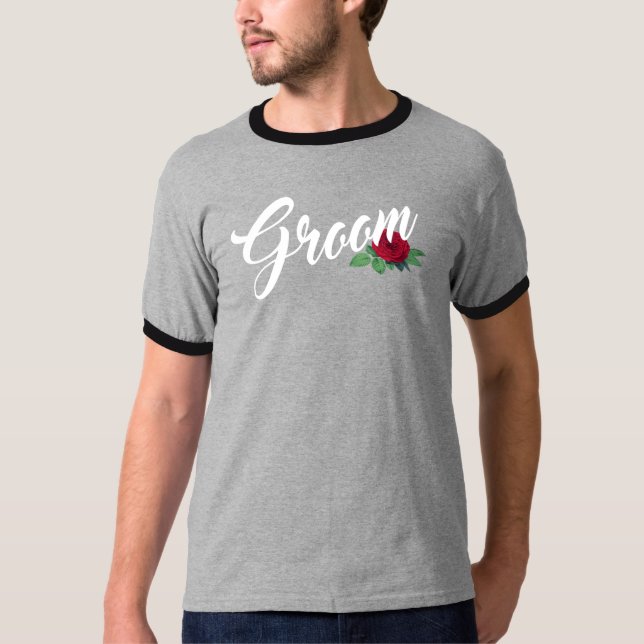 Camiseta Groom Floral Boda Calligraphy Ringer Shirt (Anverso)